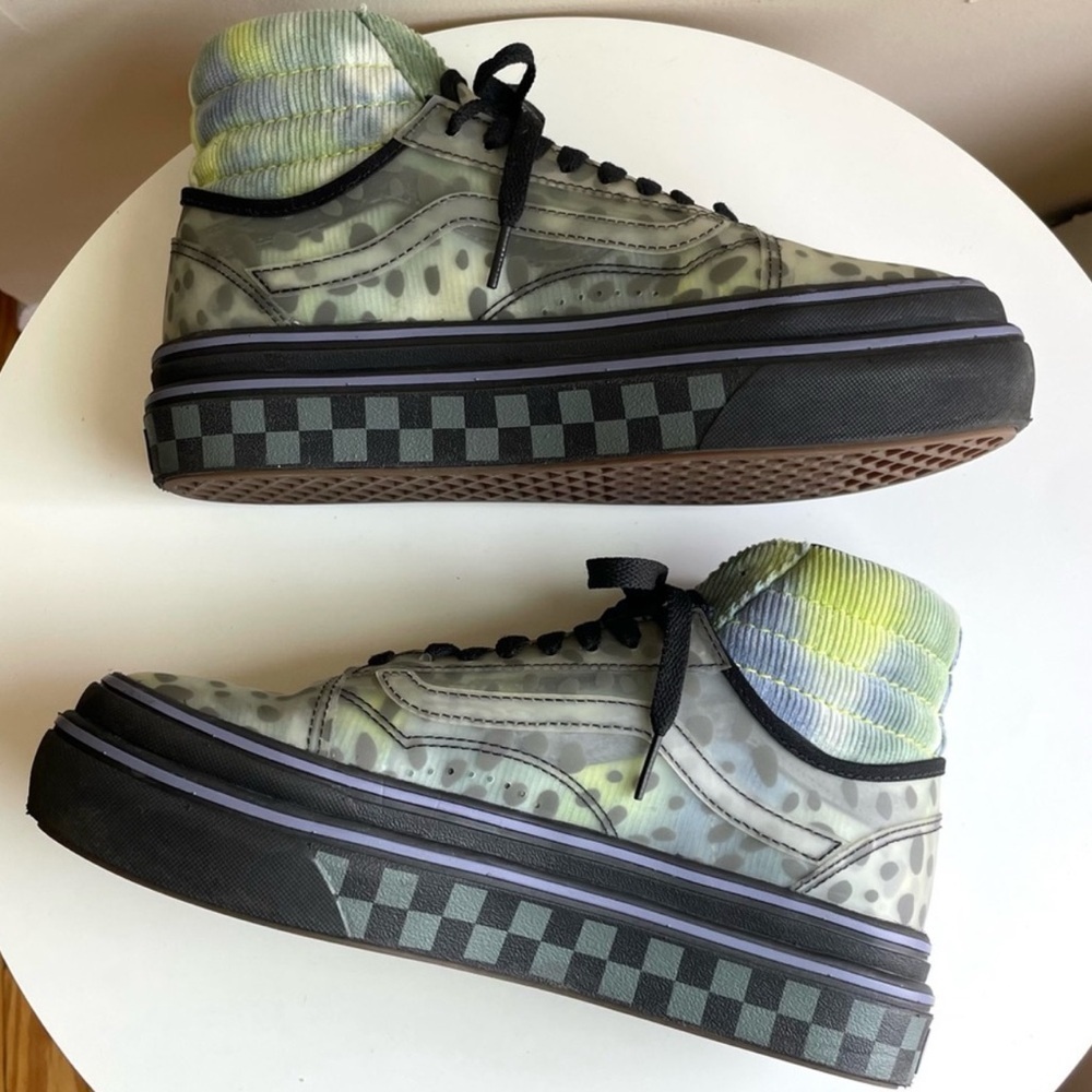Vans Comfy Cush Platform Blue Green Corduroy & Clear Cheetah High Top Sneakers 6